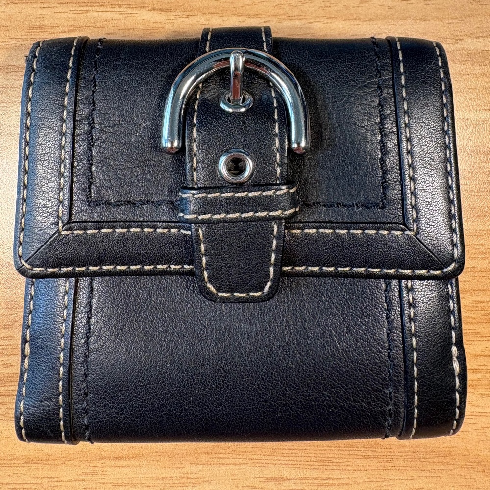 Vintage Coach Small Wallet with Silver Buckle, black, 2 bill folds, coin and CC